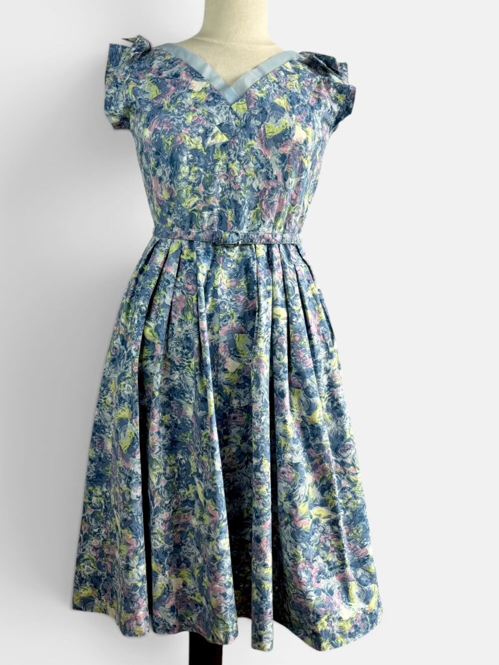 Vintage 1950s Blue Abstract Floral Cotton Fit & Flare Day Dress M/L